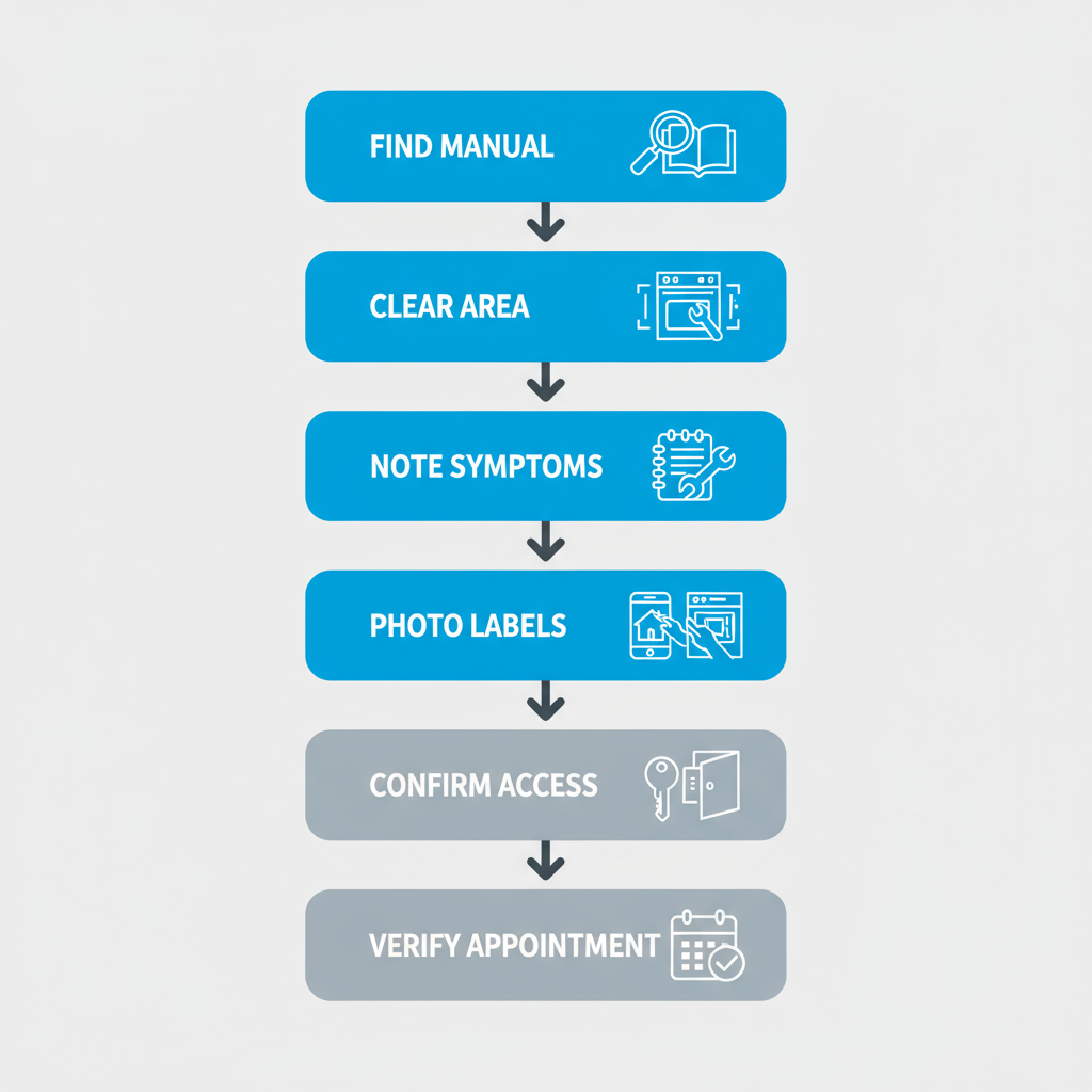 Vertical process flow illustrating 6 steps for homeowners to prepare for a Wolf appliance technician visit