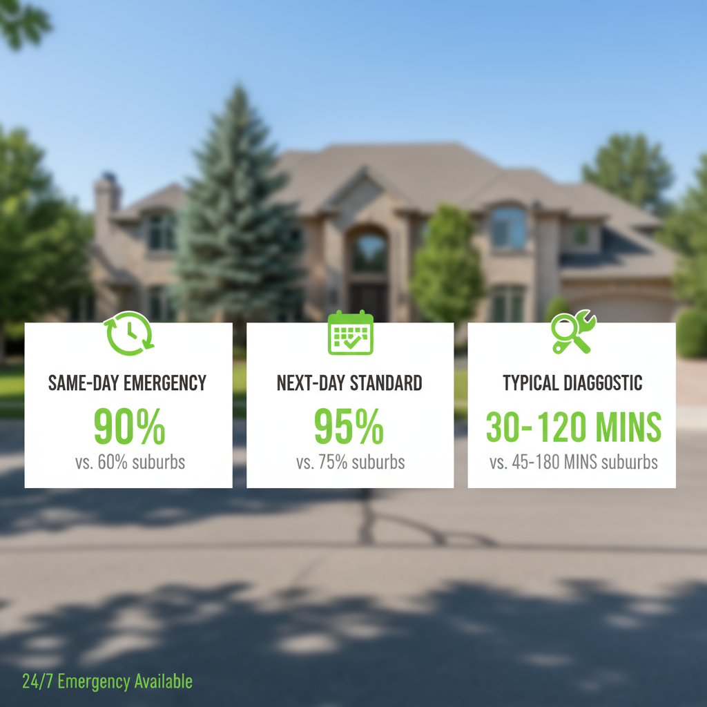 Infographic comparing Sub Zero repair service times in Cherry Hills Village to surrounding areas, highlighting rapid response.
