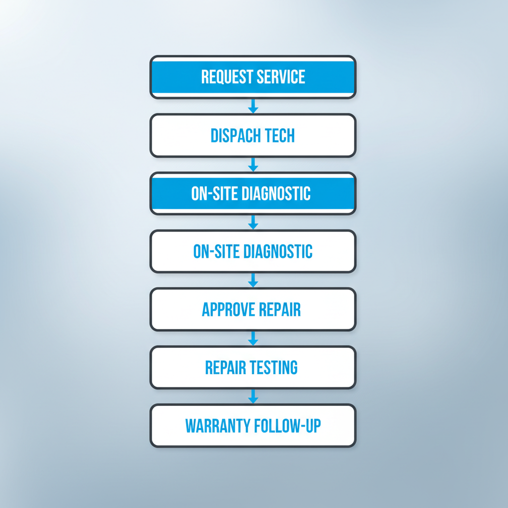 A vertical process flow illustrating the 6 steps of the Sub Zero appliance repair service, from customer request to warranty follow-up.