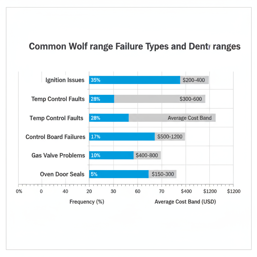 Data visualization showing common Wolf range failure types, their frequency, and average repair cost ranges in Denver.