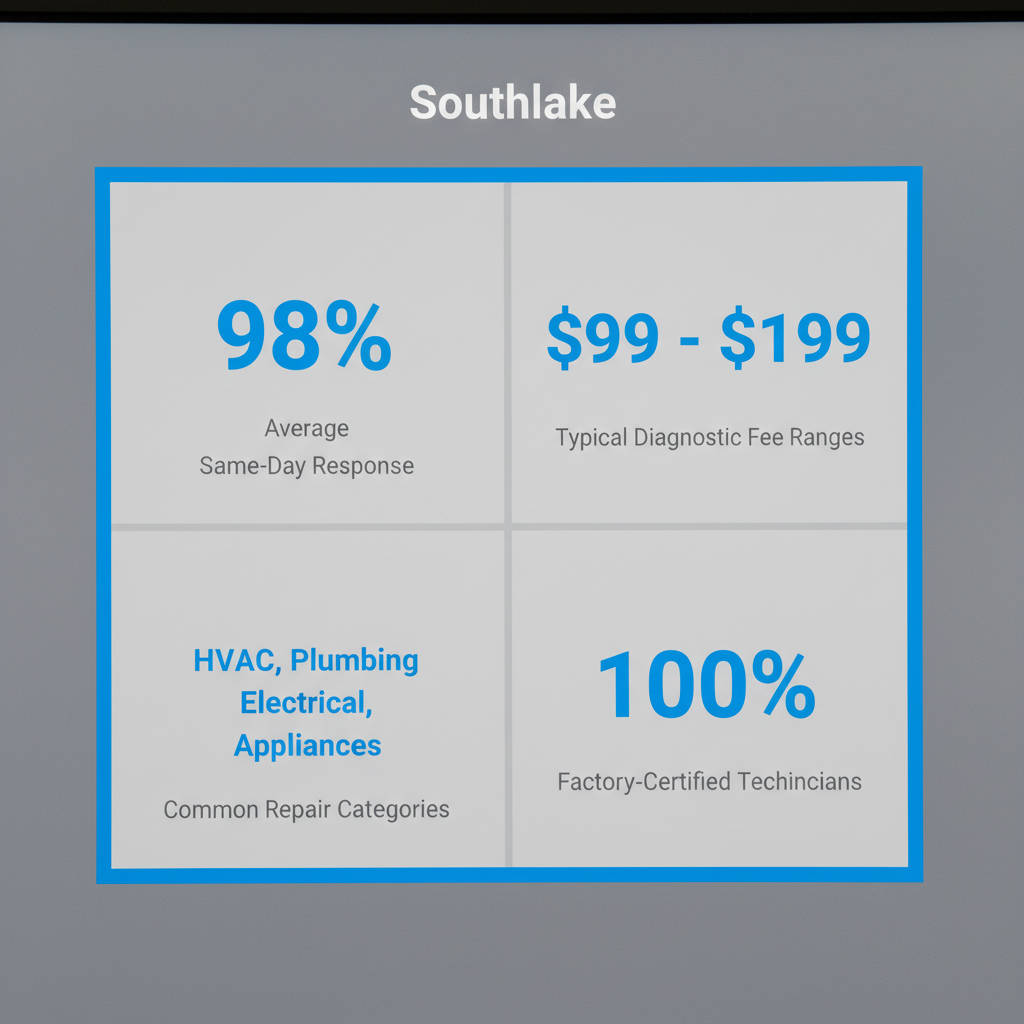 Data visualization showing service response times, diagnostic fees, common repair types, and technician certification levels for Sub Zero repair in Southlake.