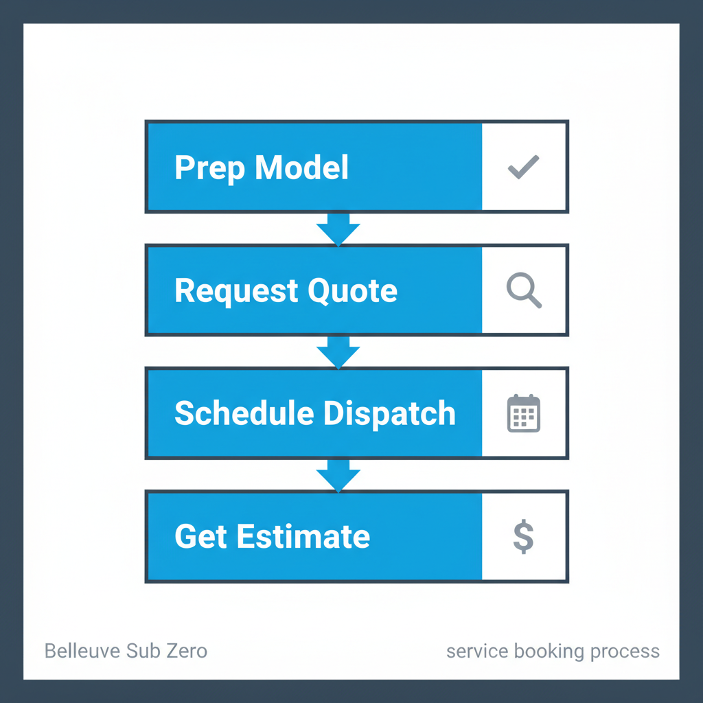 Four-step vertical process flow showing how to book Sub Zero appliance repair service in Bellevue, from preparation to receiving an estimate.