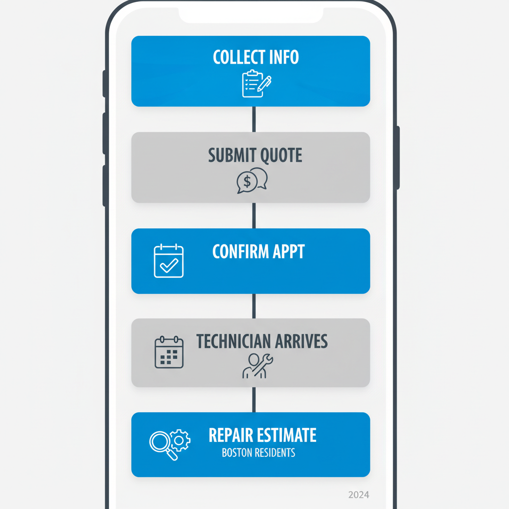 Vertical process flow illustrating the 5 step service booking and repair process for Sub Zero appliances in Boston