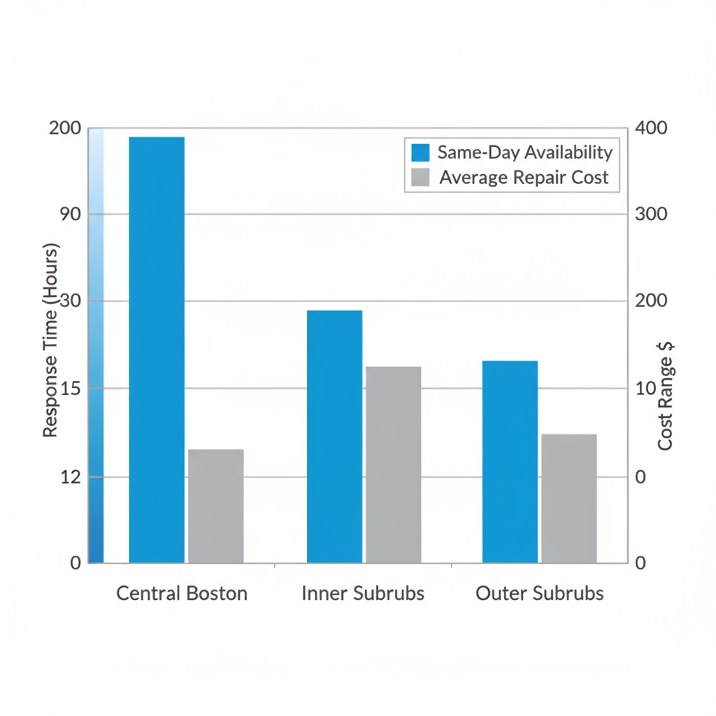 Data visualization showing comparative response times and repair costs for Sub Zero appliance service in Boston's central, inner, and outer suburbs.