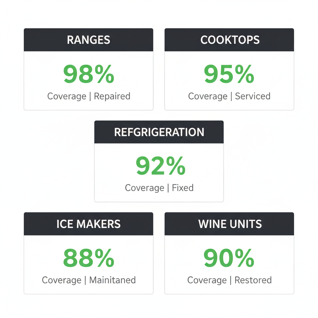 Infographic detailing Wolf appliance repair services and common fixes in Colleyville, including categories like ranges, cooktops, refrigeration, ice makers, and wine units.