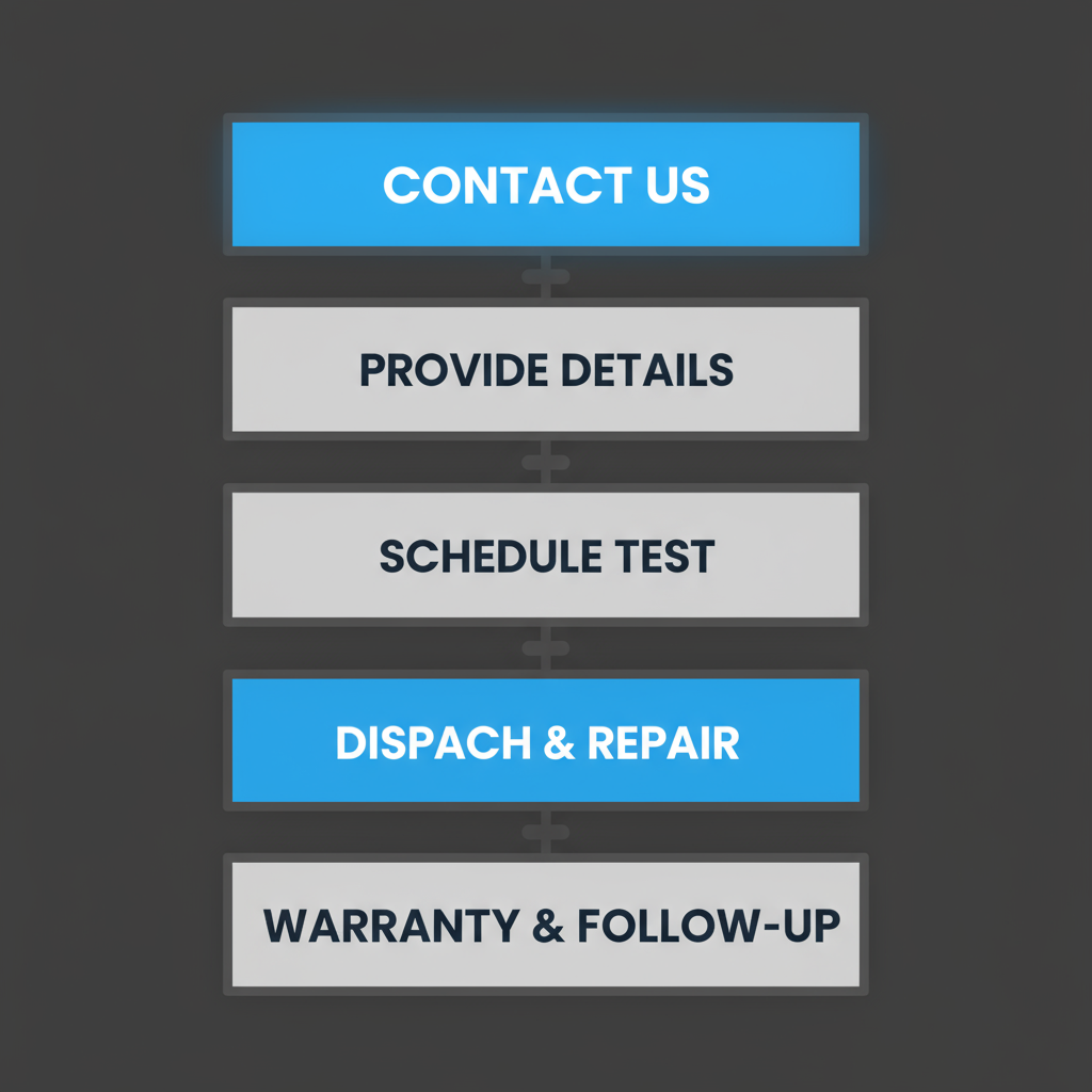 Vertical process flow showing 5 steps for Sub Zero appliance repair booking and emergency dispatch.