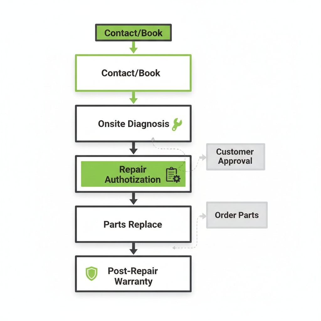 Vertical process flow detailing 5 steps of Sub Zero appliance repair service, from booking to post-repair warranty.