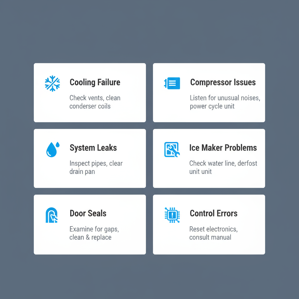 Infographic showing common Sub-Zero refrigerator problems and basic troubleshooting tips with icons for each issue.