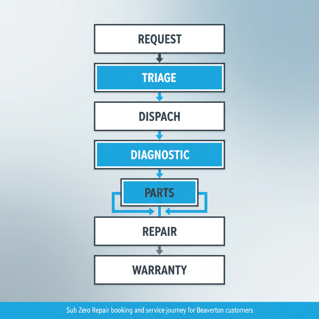 Vertical process flow illustrating the 7-step booking and service journey for Sub Zero appliance repairs, emphasizing emergency and same-day options.