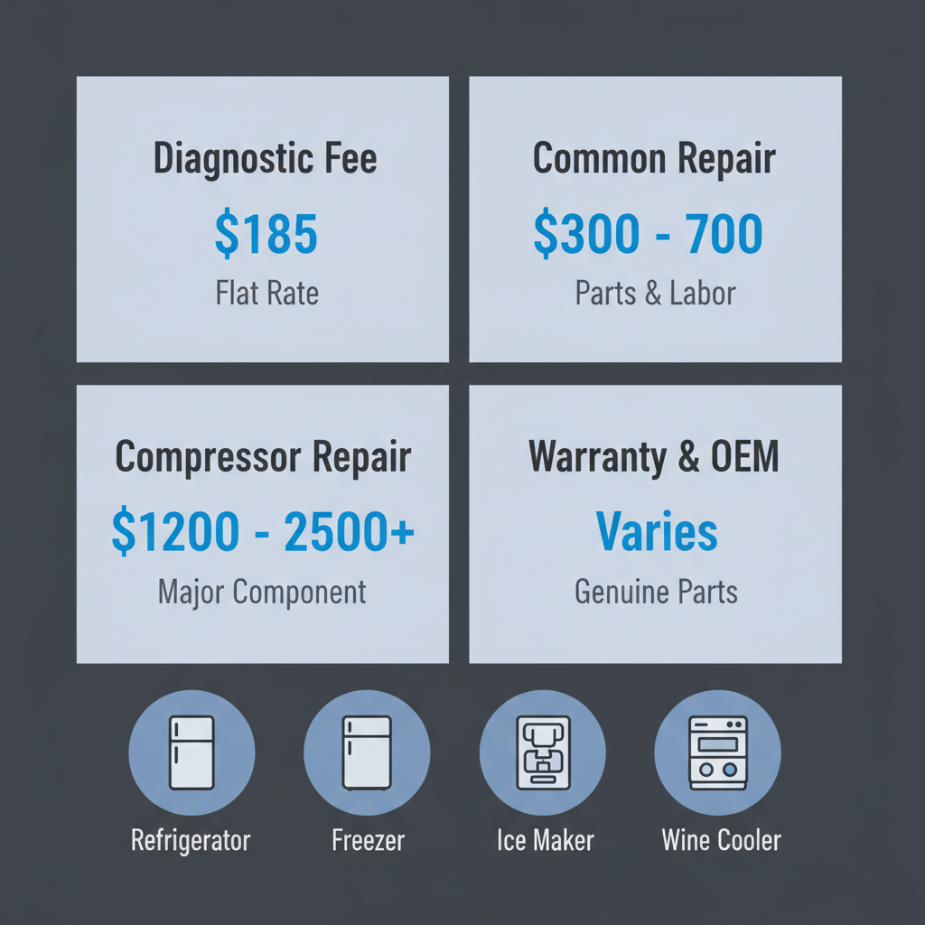 Infographic showing typical repair cost ranges for Sub Zero appliances in Beaverton, including diagnostic fees and major repair price estimates.