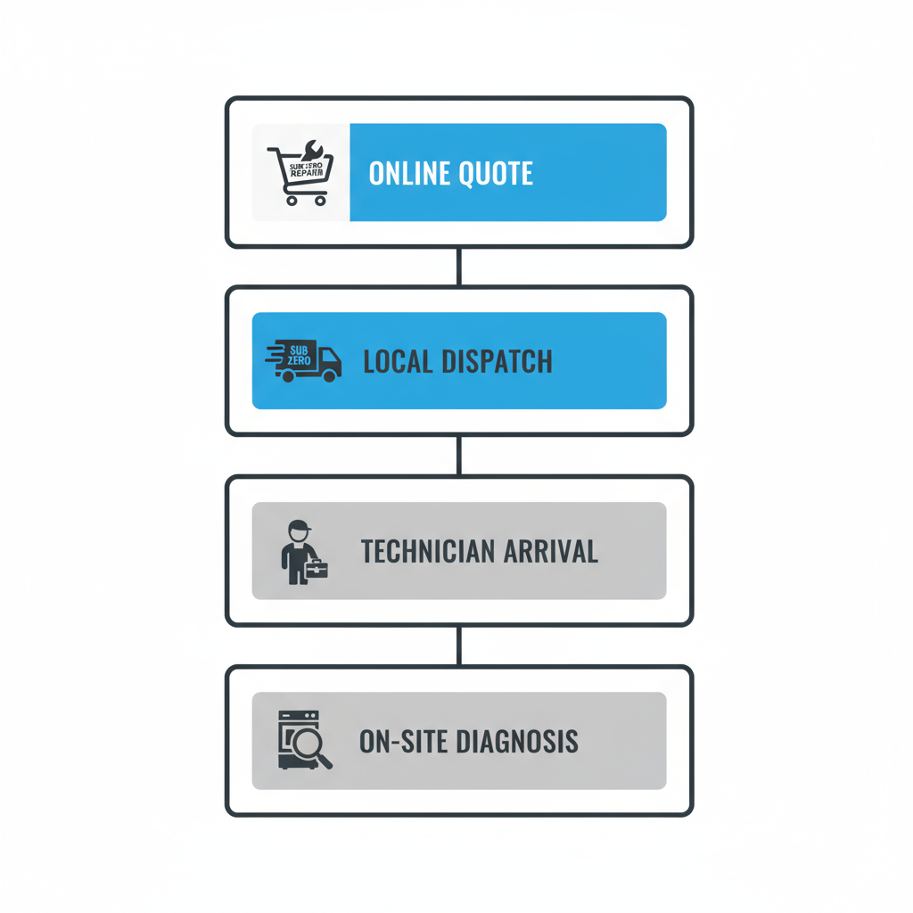Vertical process flow illustrating the four steps of booking a Sub Zero appliance repair service, from online quote to on-site diagnosis.