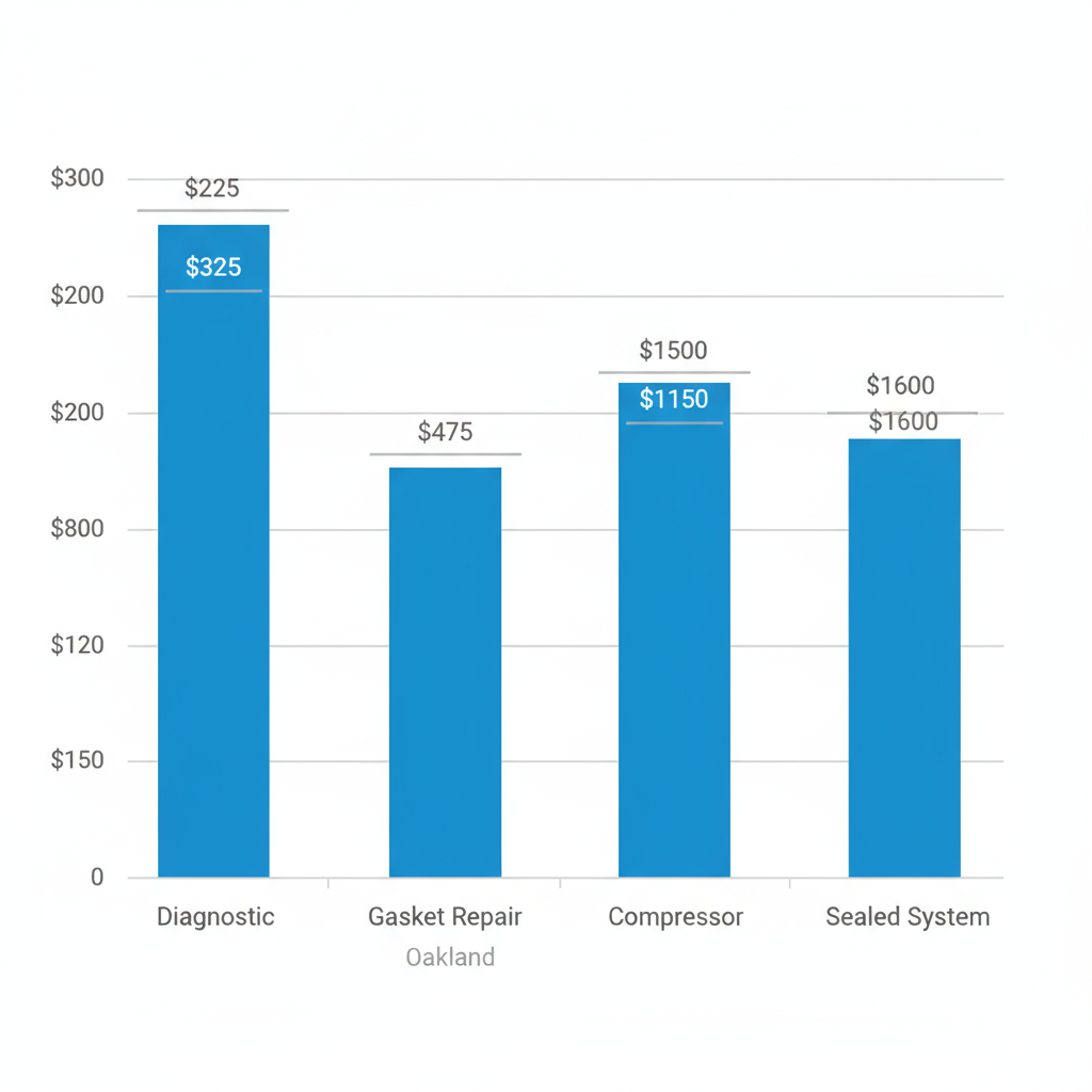 Bar chart illustrating typical price ranges for Sub Zero appliance repairs in Oakland, including diagnostic fees, gasket repair, compressor replacement, and sealed system service costs.