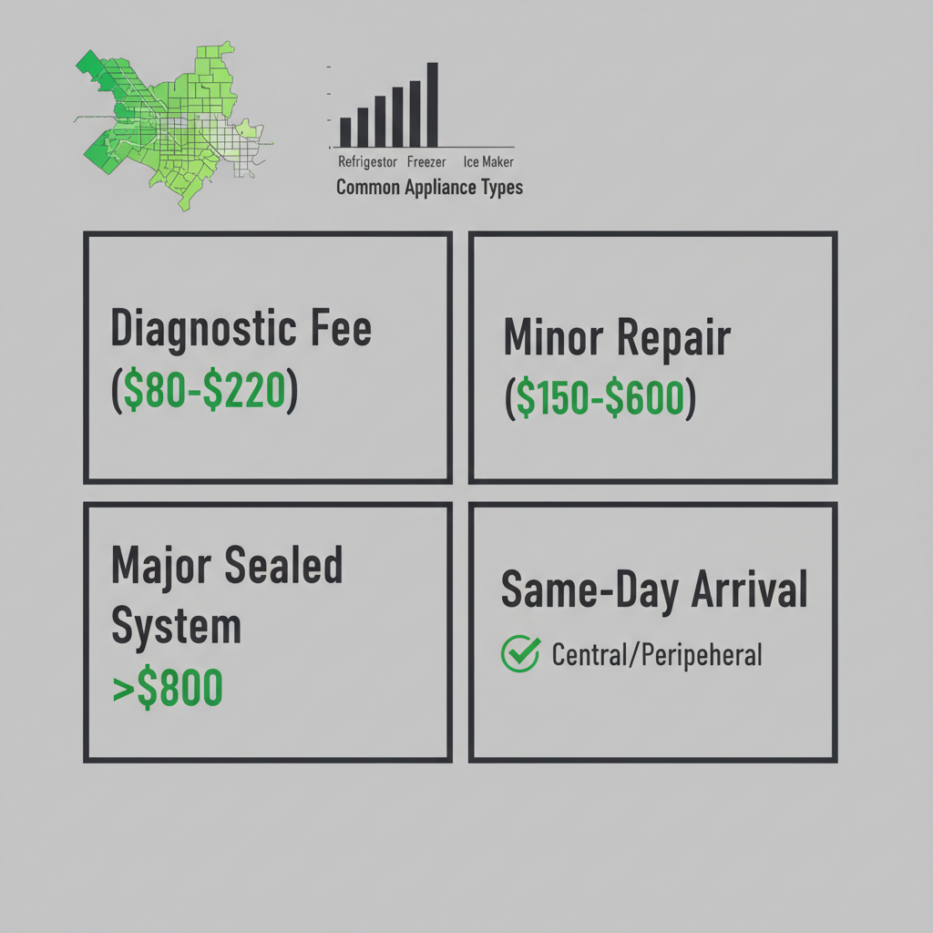 Data visualization showing Sub Zero appliance repair diagnostic fees, repair cost ranges, and average same-day service arrival times.