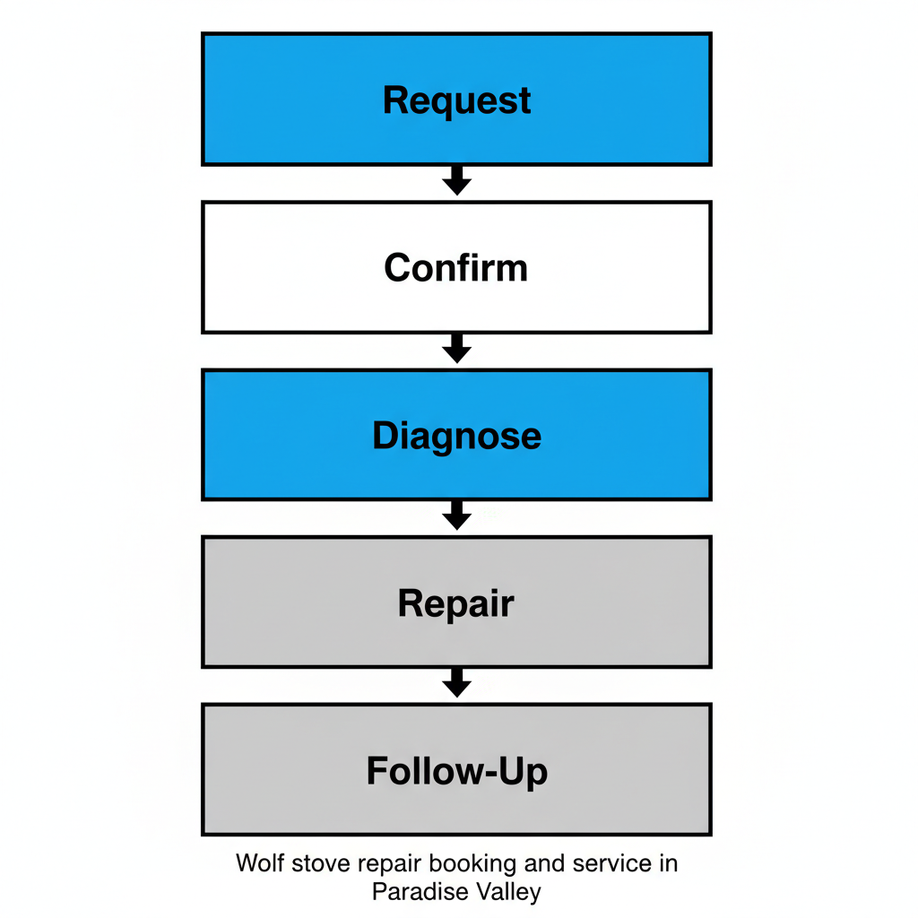 Vertical process flow showing five steps from requesting a Wolf stove repair to service completion in Paradise Valley