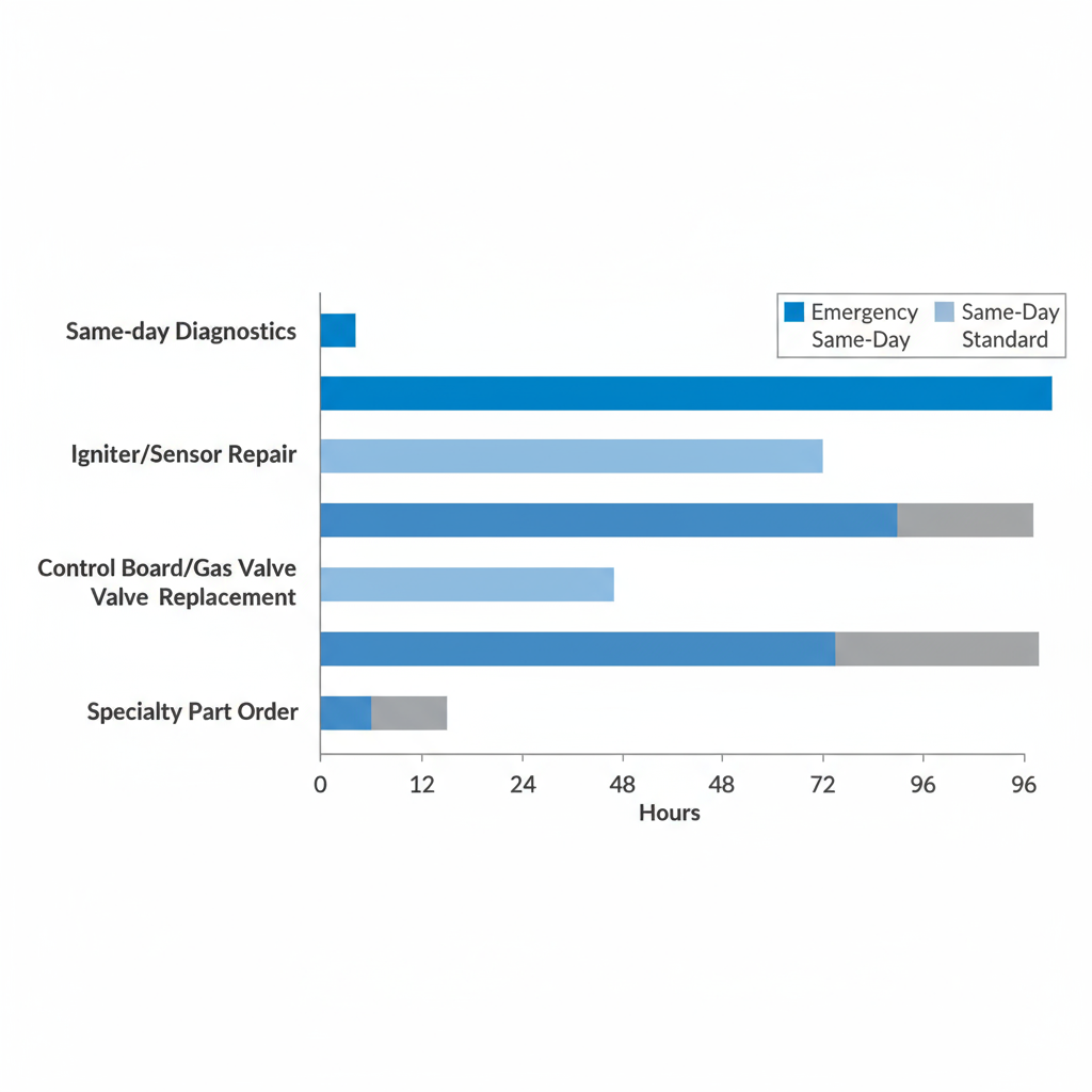 Horizontal bar chart visualizing typical repair timelines for Wolf stove issues in Paradise Valley, categorized by repair type and urgency.