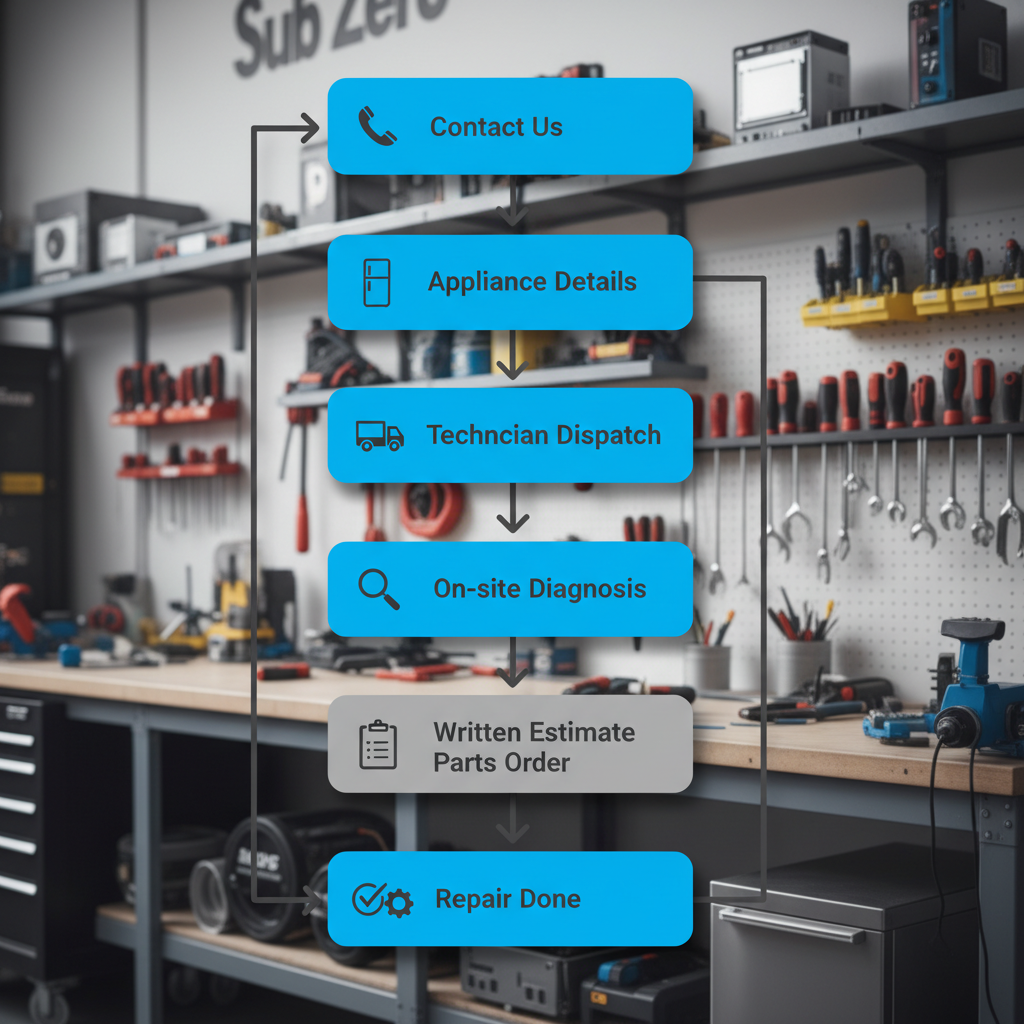 Vertical process flow illustrating the 7 steps to book a Sub Zero appliance repair service.