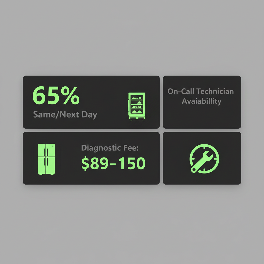 Infographic showing Sub Zero repair service statistics: 65% same/next day completion and $89-$150 diagnostic fee range