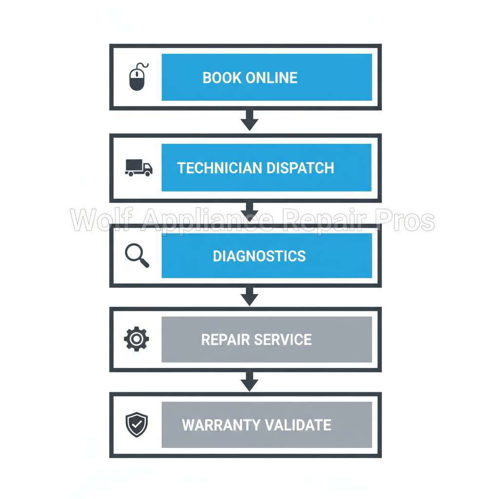 A vertical process flow illustrating the six steps of the Wolf Appliance Repair Pros service journey, from online booking to warranty validation.