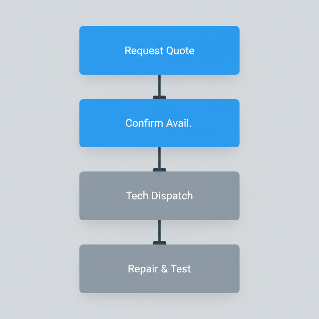 Vertical process flow showing the five steps to book appliance repair service, from requesting a quote to final repair and test.