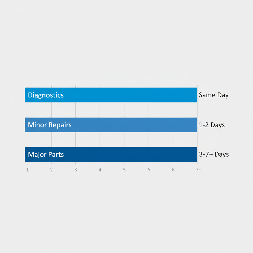 Data visualization showing typical repair timelines for Wolf appliances: Same day for diagnostics, 1-2 days for minor repairs, and 3-7+ days for major parts.
