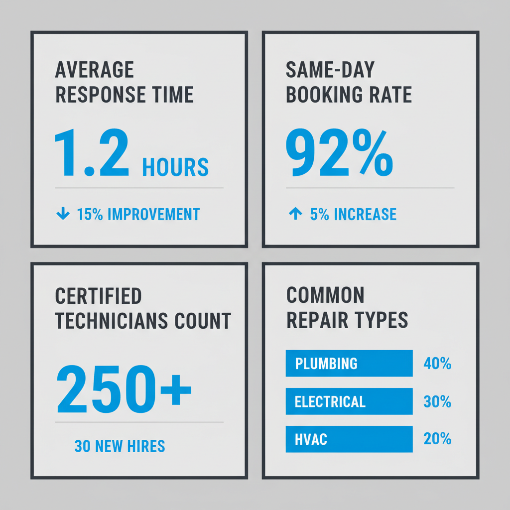Data cards showing key performance indicators for appliance repair services in San Francisco, including response time and technician count.