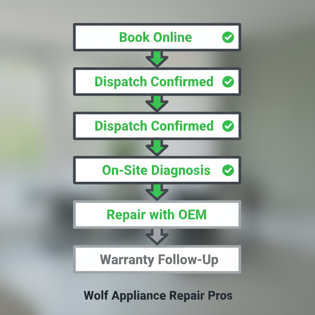 A vertical process flow diagram showing five steps for an appliance repair service visit.