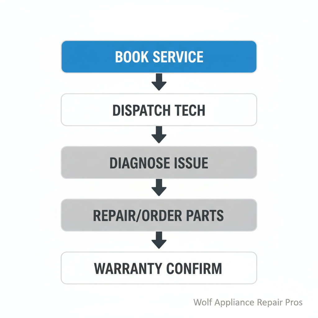Vertical process flow illustrating the 5-step Wolf Appliance Repair booking and service procedure from booking to warranty confirmation.