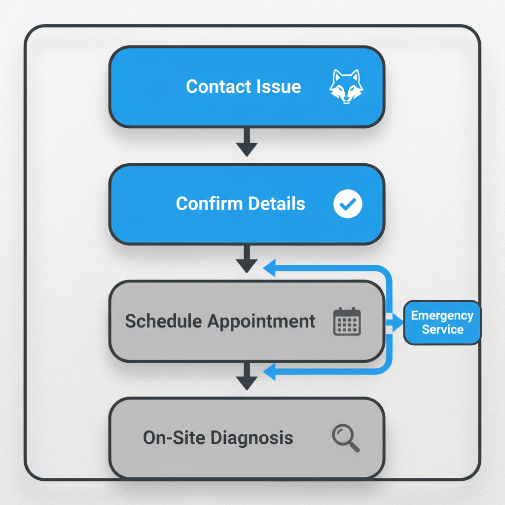 Four-step vertical process flow illustrating how to book a local Wolf appliance repair service.