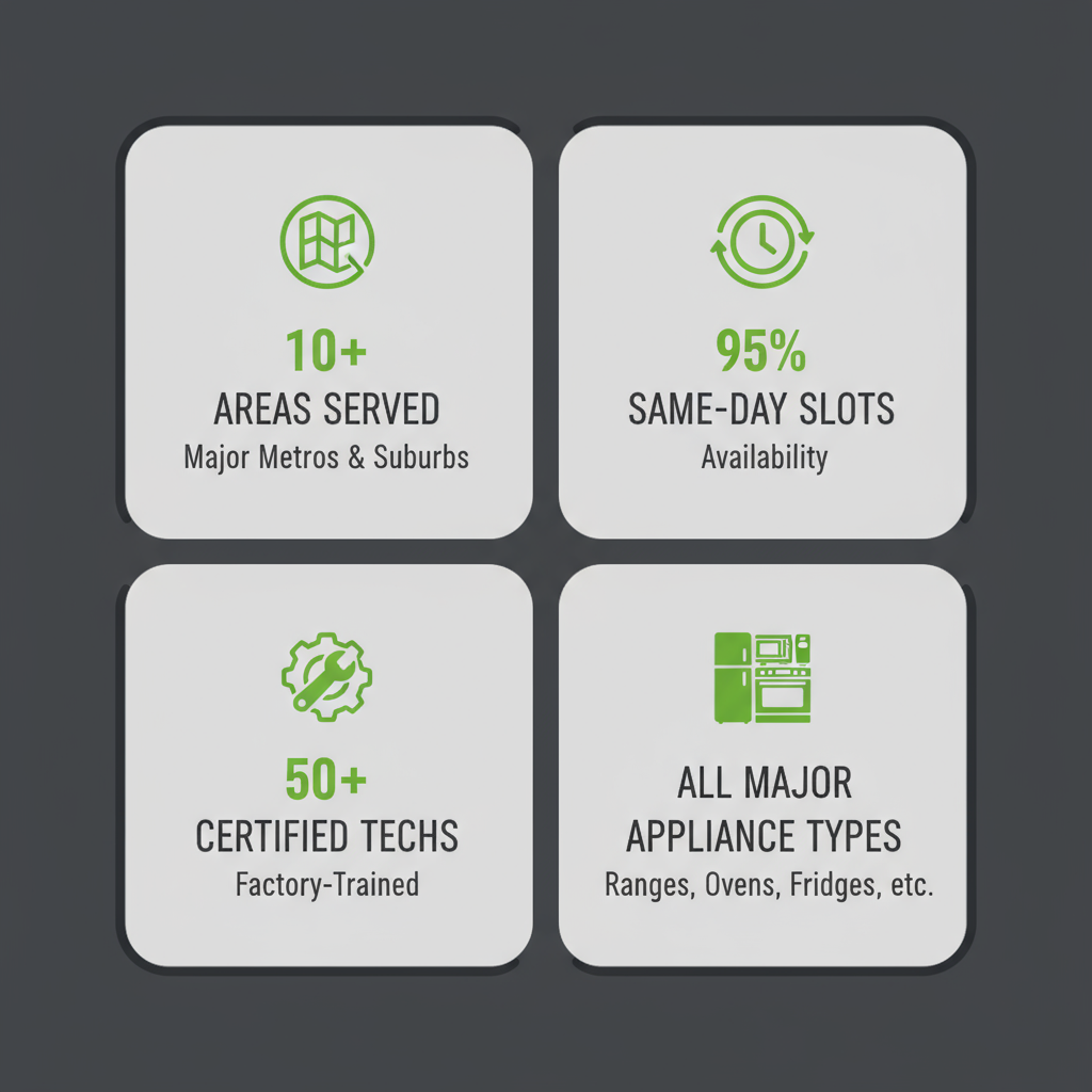 Infographic showing key service statistics for Wolf Appliance Repair Pros, including service areas, same-day appointment availability, number of certified technicians, and common appliance types repaired.
