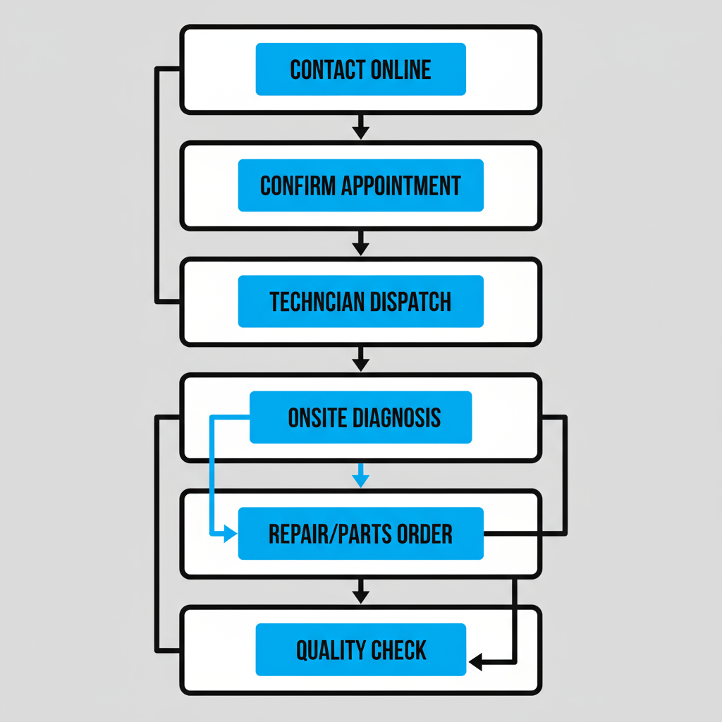 Process flow demonstrating the steps for booking and receiving same-day appliance repair service from Wolf Appliance Repair Pros.