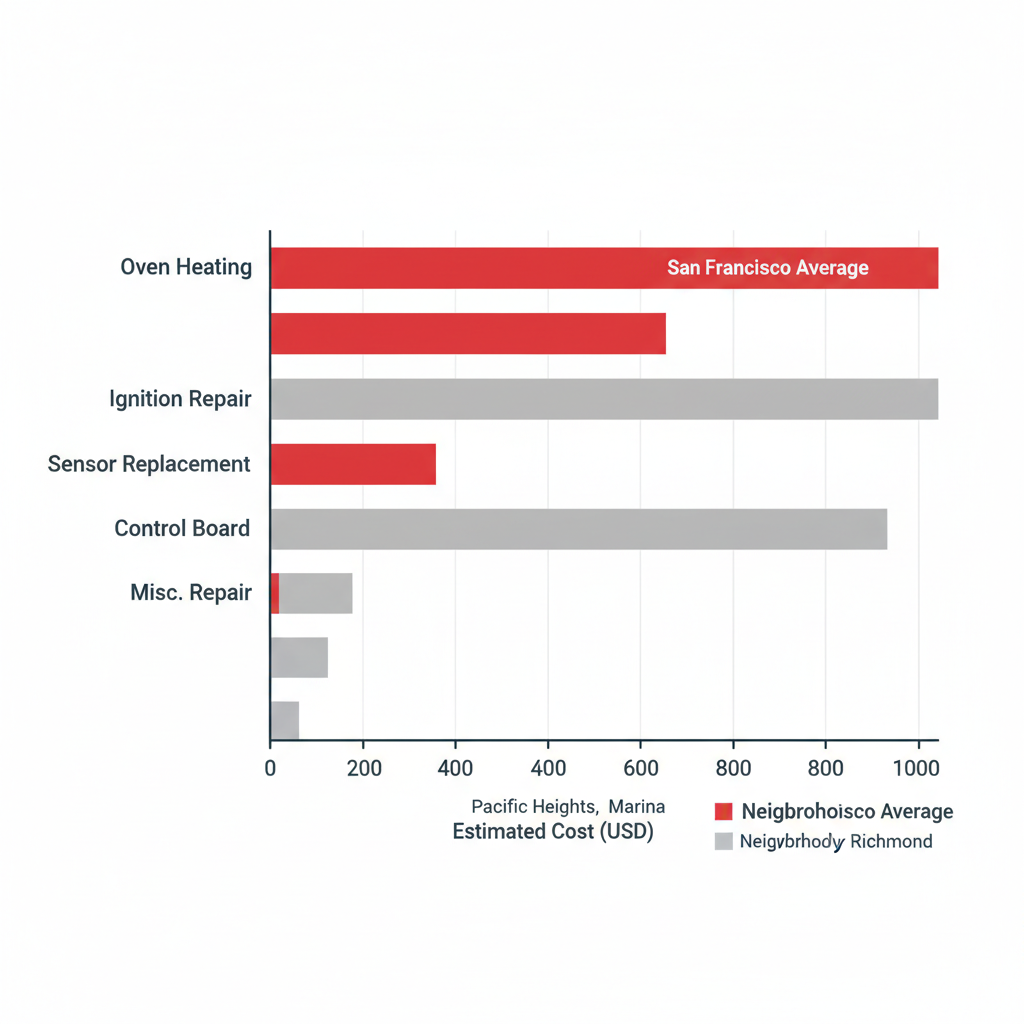 Bar chart comparing typical flat-rate cost ranges for common Wolf appliance repairs across San Francisco neighborhoods.