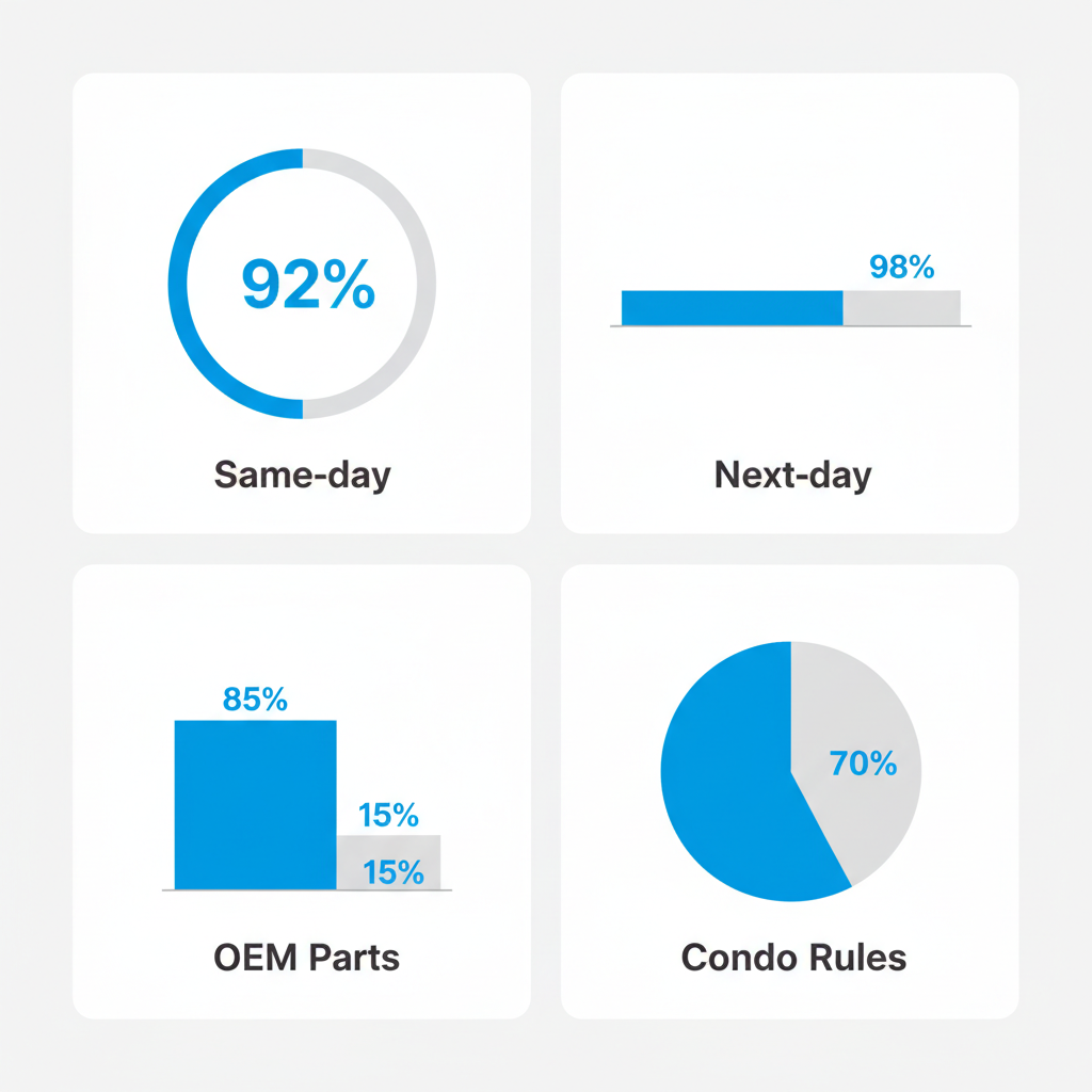 Data visualization showing Wolf appliance repair service coverage in San Francisco with same-day, next-day, OEM parts usage, and condo rule details.
