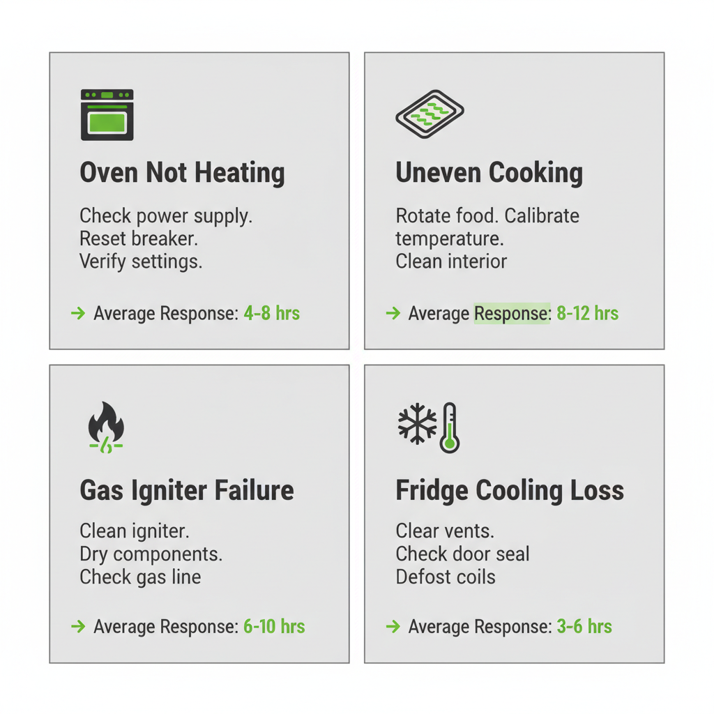 Infographic showing common Wolf appliance issues like oven not heating and uneven cooking, with average response times and basic troubleshooting tips.