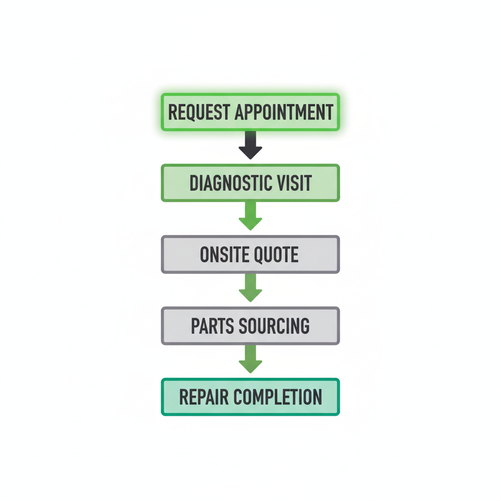 Process flow depicting the 5-step Wolf appliance repair service from appointment request to completion.