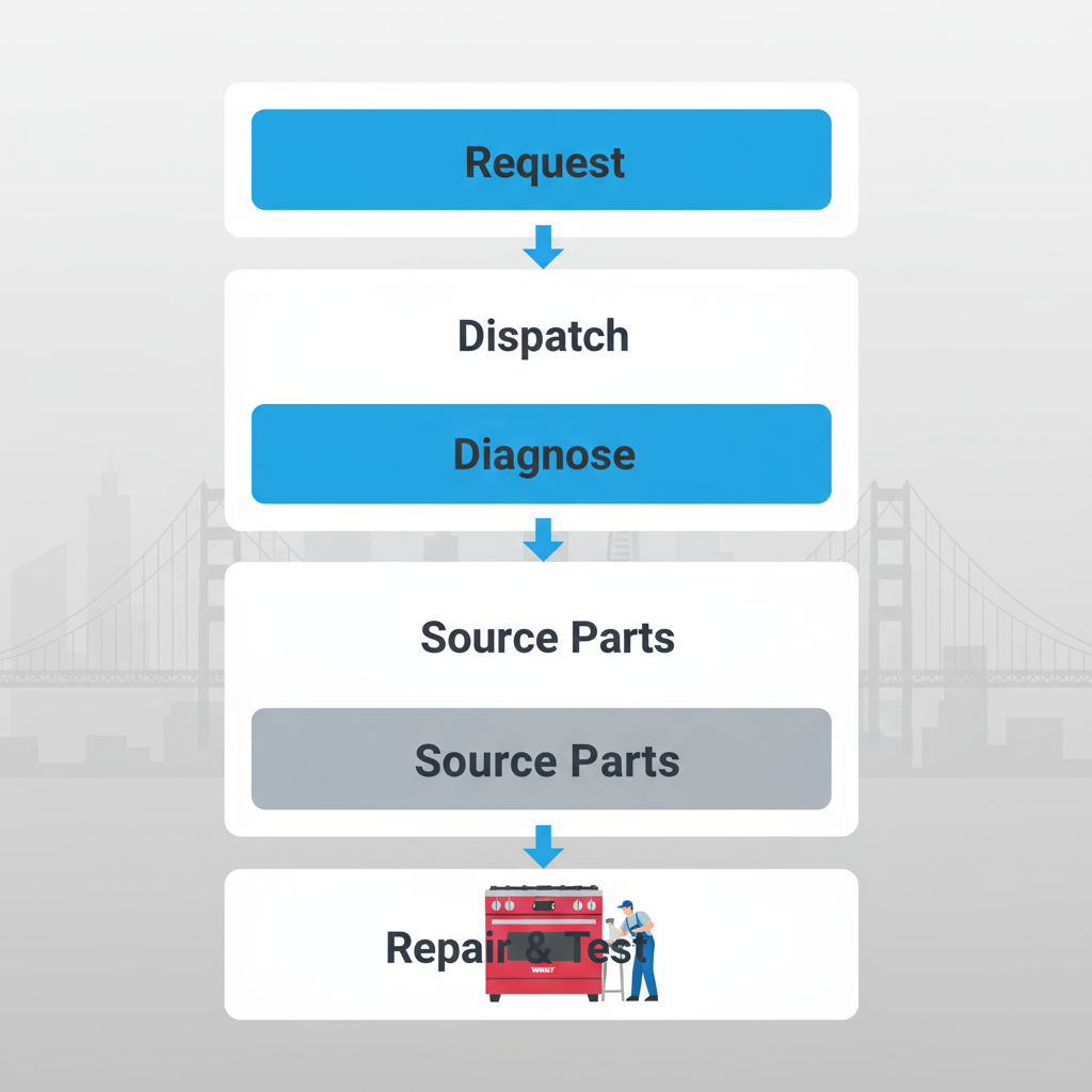 Vertical process flow illustrating the emergency Wolf oven repair service from request to completion.