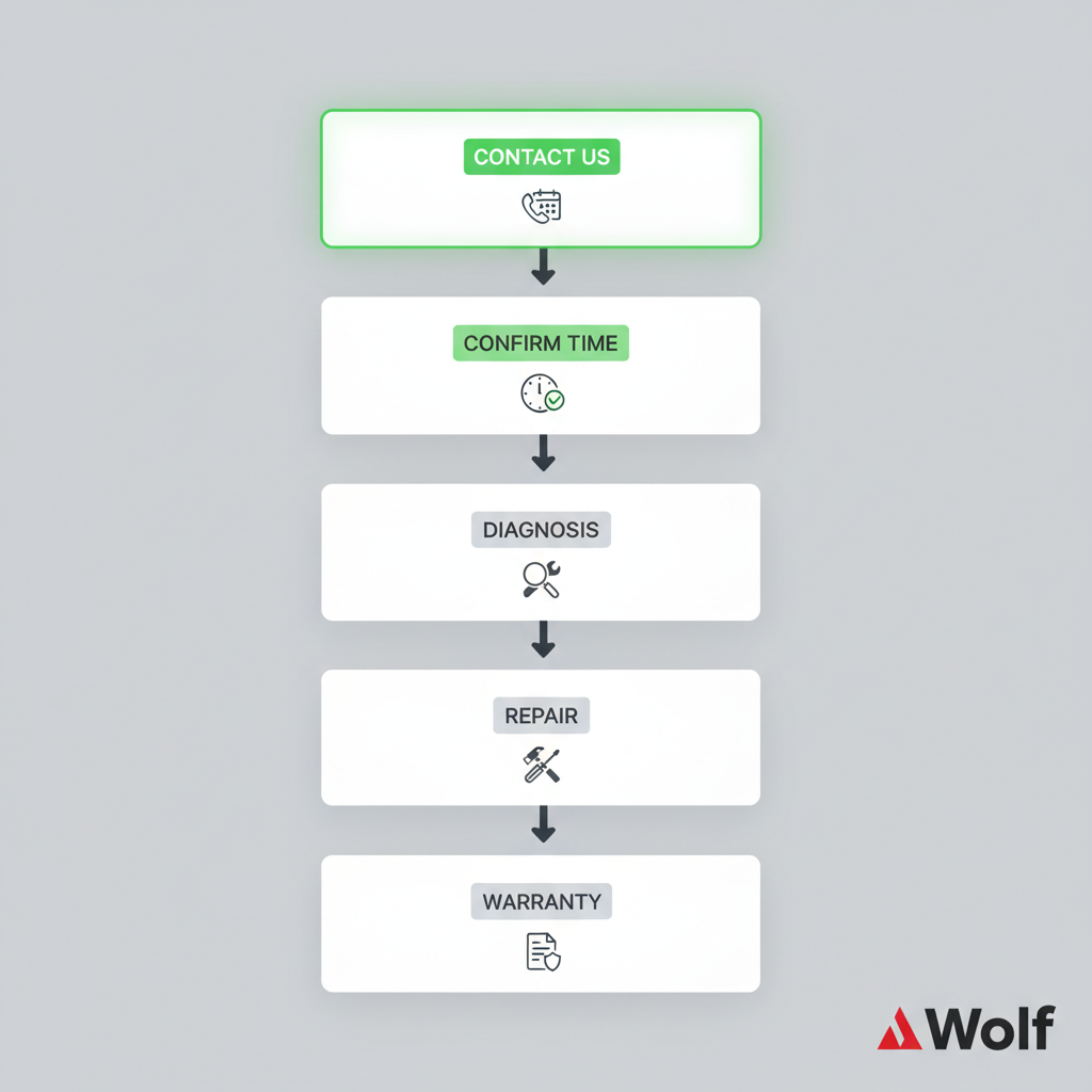 Vertical process flow illustrating the five steps to schedule and complete appliance repair service for Wolf appliances in San Jose.