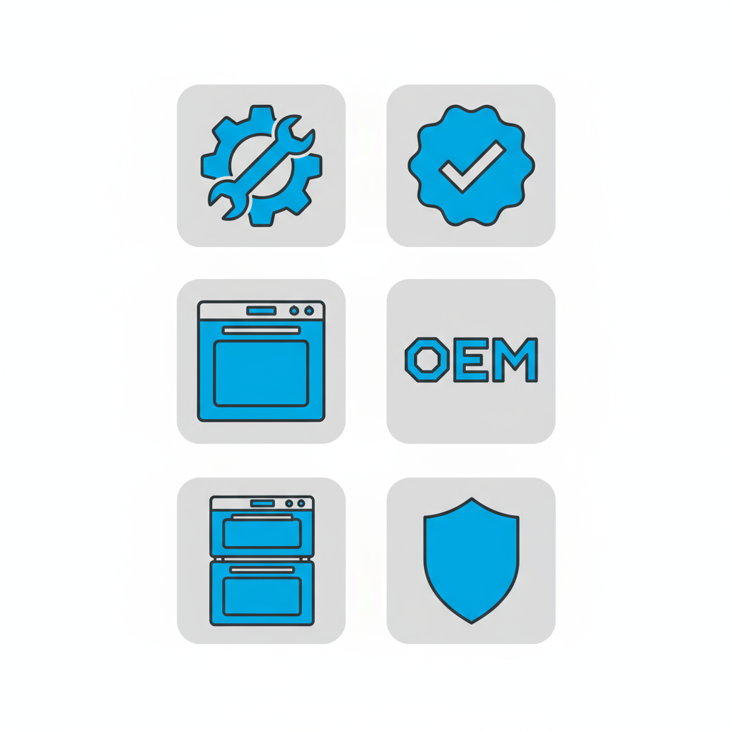 Icon set depicting Wolf appliance repair services including a gear and wrench for built-in ovens, representations of single and double ovens, a certified badge, an OEM logo, and a shield for warranty.
