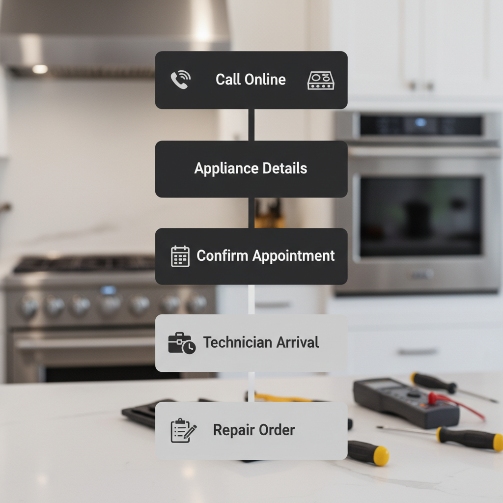 Five-step vertical process flow illustrating the booking journey for Wolf appliance repair services, showing stages from initial booking to final repair.