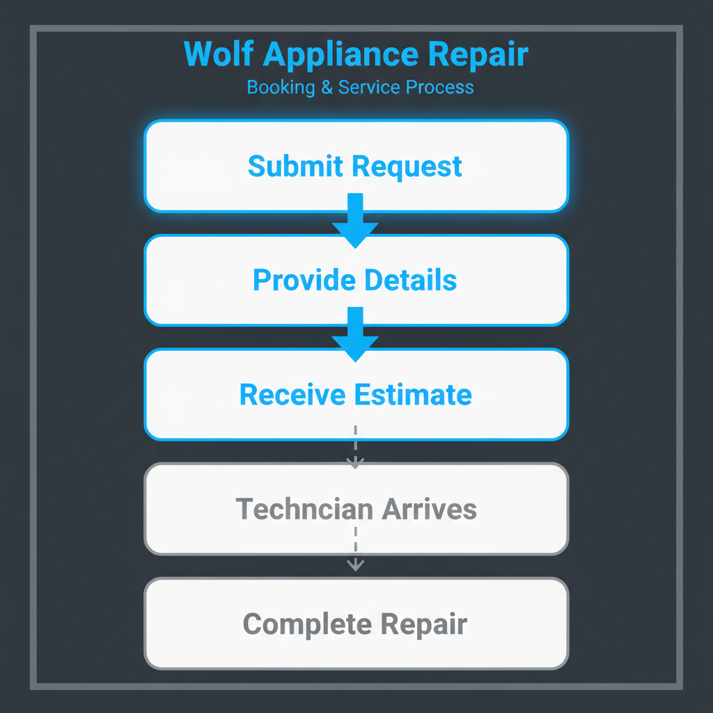 A 5-step vertical process flow illustrating the seamless booking and repair journey for Wolf appliances, from initial request to completed service.