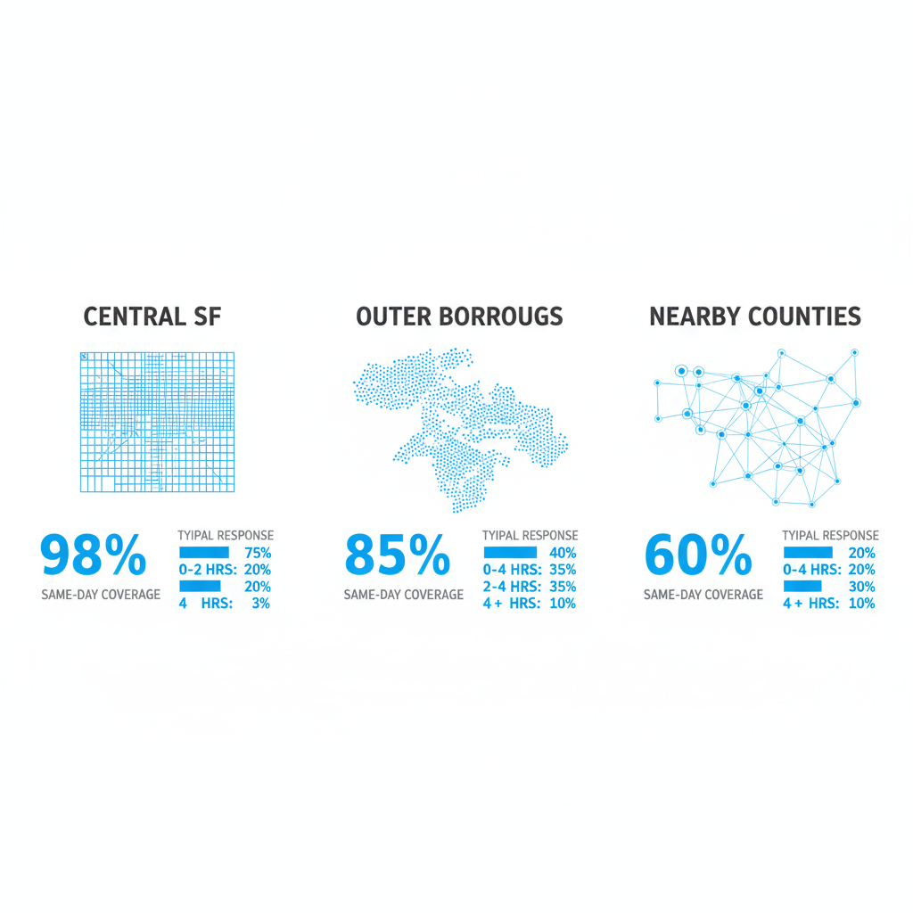 Illustrative map showing Wolf Appliance Repair Pros' service coverage and response times across San Francisco and surrounding regions, segmented by area.