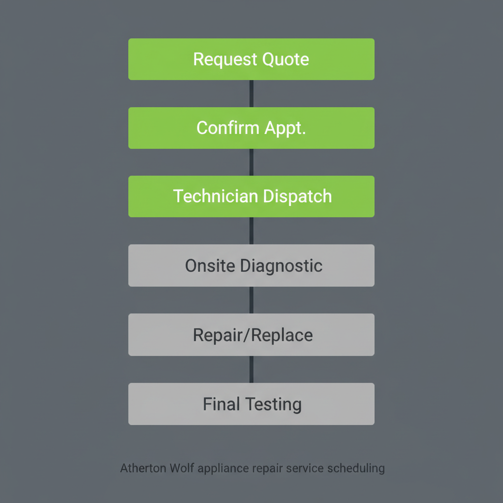 A vertical process flow diagram illustrating the six steps to schedule and receive Wolf appliance repair service in Atherton.