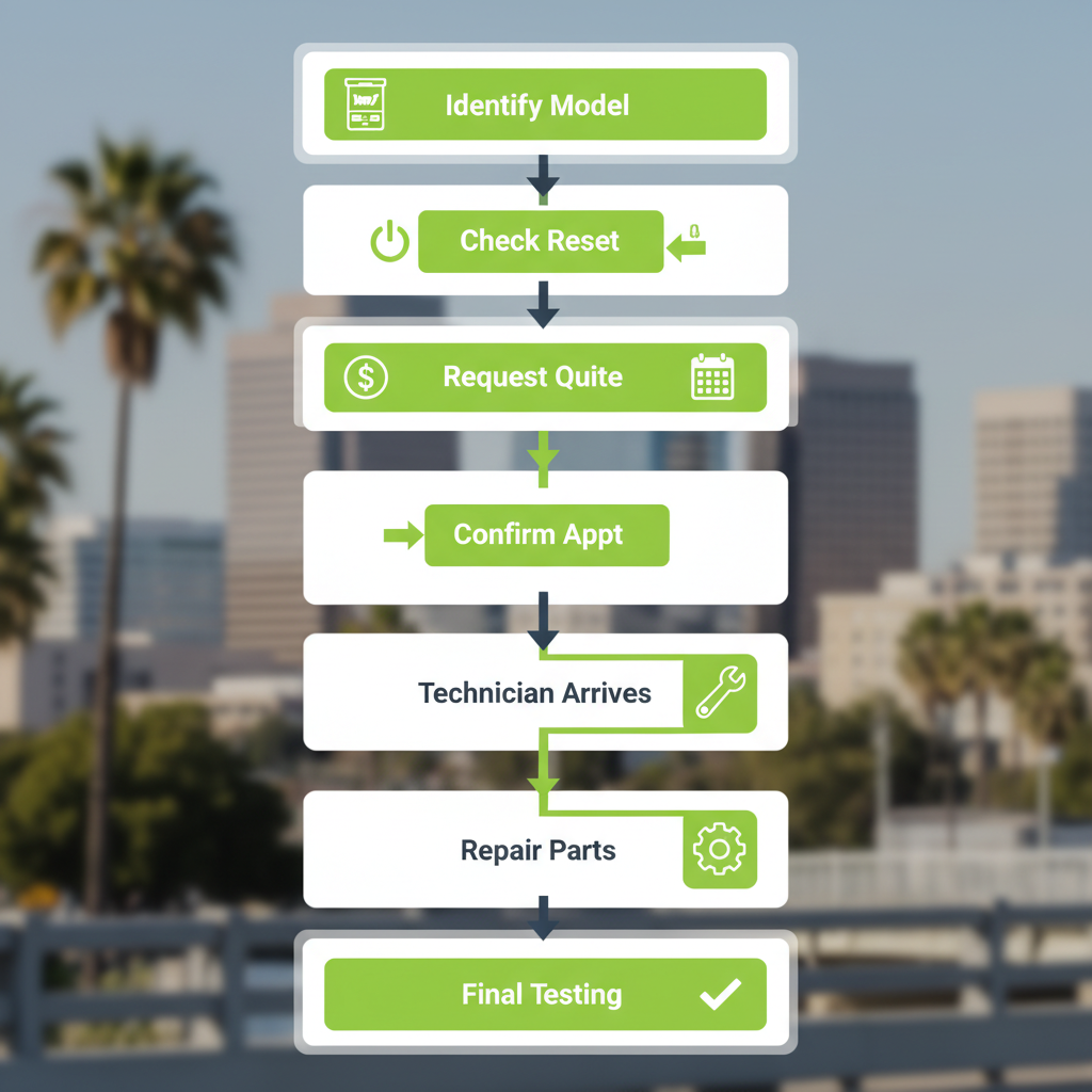 Vertical process flow illustrating the 7 steps of booking and completing an appliance repair service with Wolf Appliance Repair Pros in Sacramento