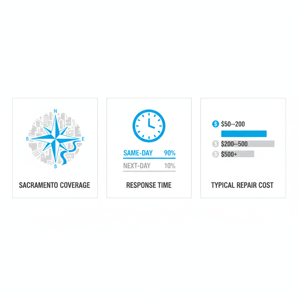 Infographic showing Sacramento service coverage, repair turnaround times, and typical repair cost ranges for Wolf appliance repair.