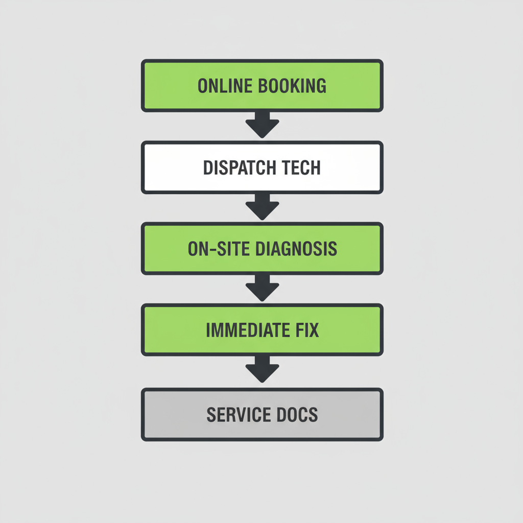 Vertical process flow illustrating the 5-step same-day booking and repair process for appliance services