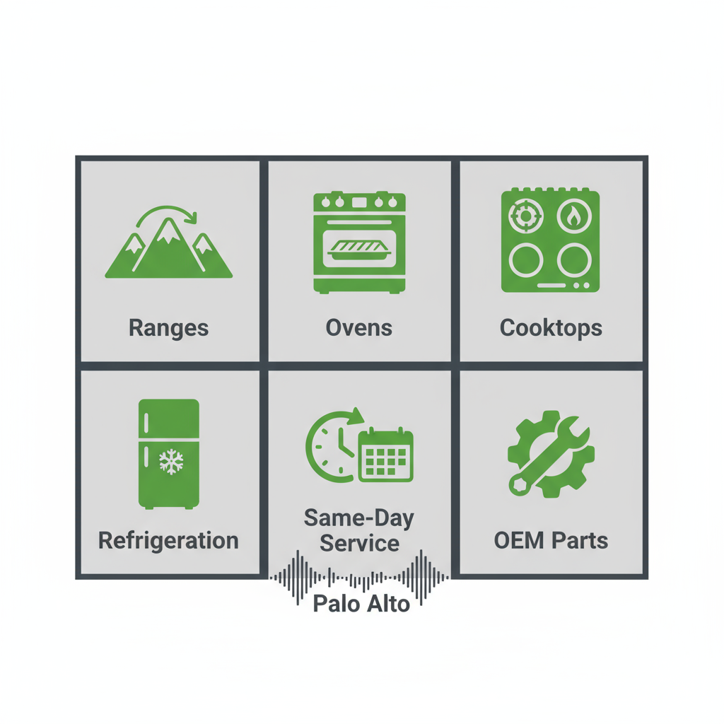 Icon set displaying appliance repair services in Palo Alto: Ranges, Ovens, Cooktops, Refrigeration, Same-Day Service, OEM Parts.