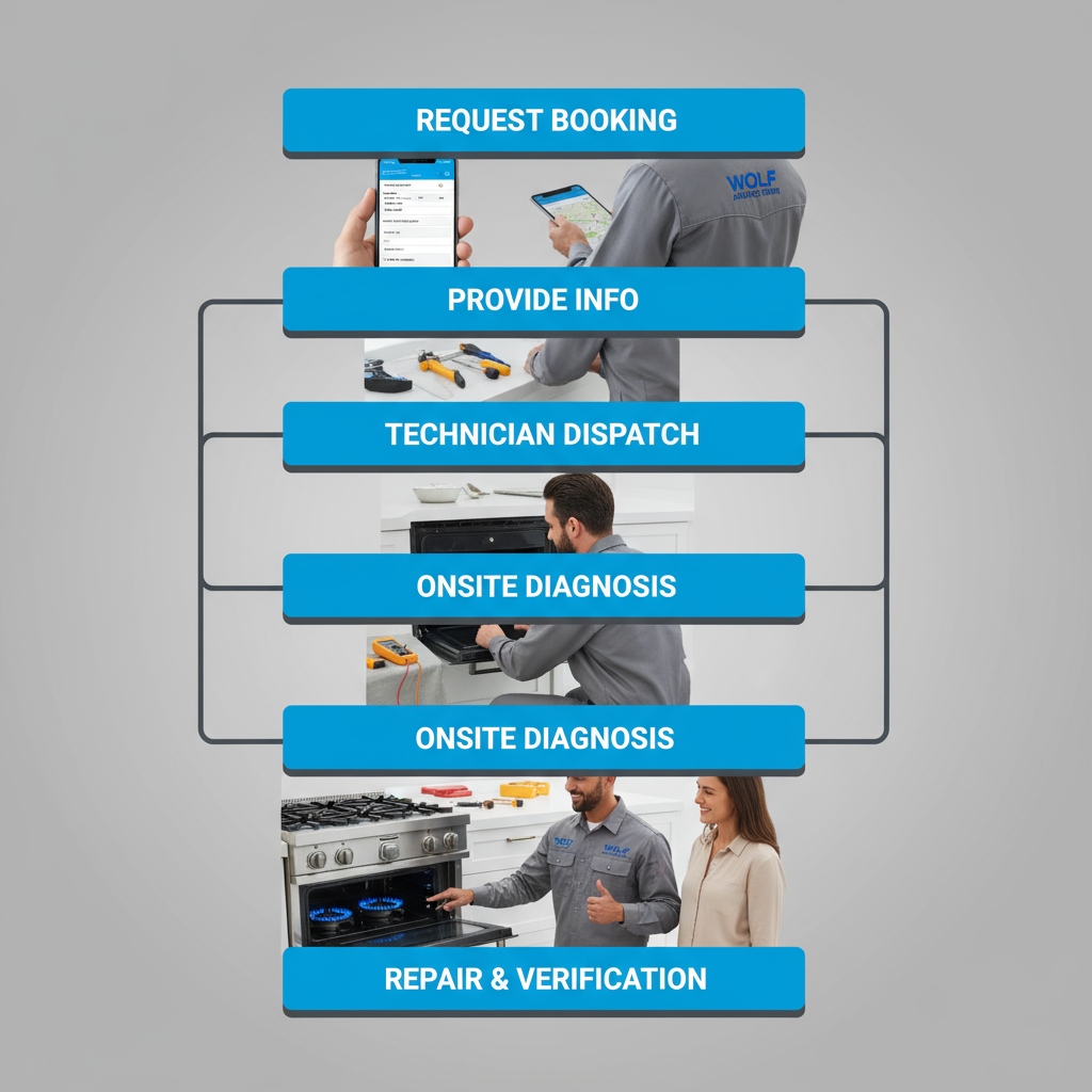 Vertical process flow showing 5 steps for scheduling and completing a Wolf appliance repair in Irvine.