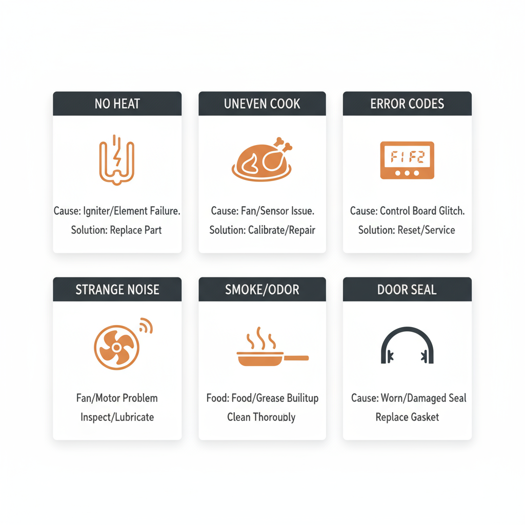 Infographic showing common Wolf oven issues, their causes, and troubleshooting tips.