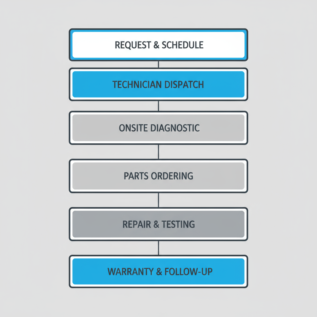 Process flow illustrating the six steps involved in a Wolf appliance repair service visit, from initial booking to post-repair follow-up.