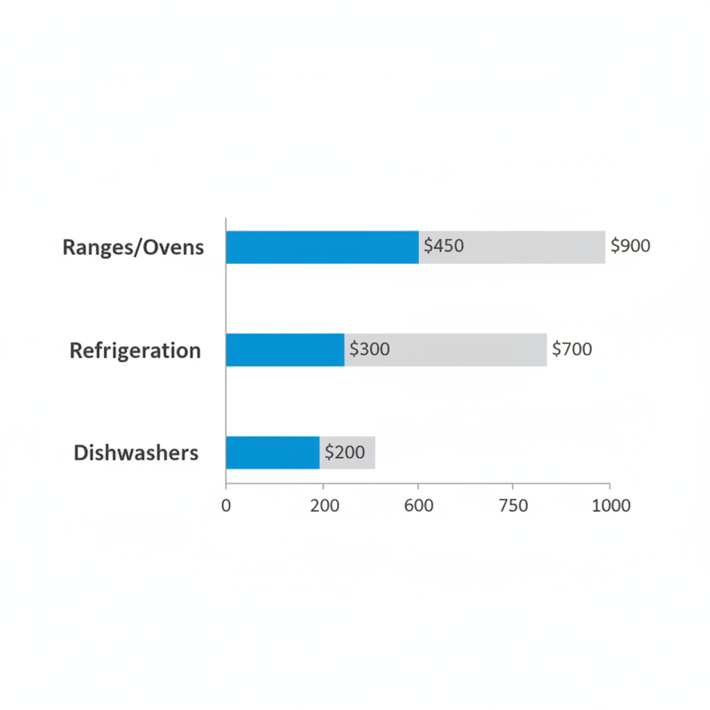 Bar chart illustrating typical repair costs for Wolf Ranges/Ovens, Refrigeration, and Dishwashers in Los Angeles, showing median and upper range pricing.