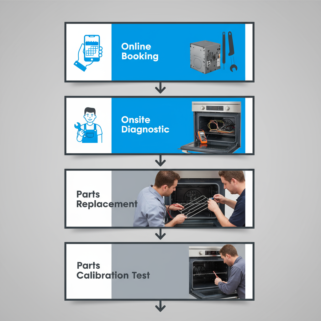 Five-step vertical process flow showing a Wolf appliance repair technician performing an onsite oven repair, from booking to final testing.